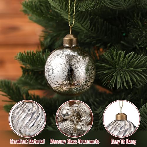 Syhood 18 Pcs Silver Christmas Mercury Glass Balls Ornaments, 6 Styles