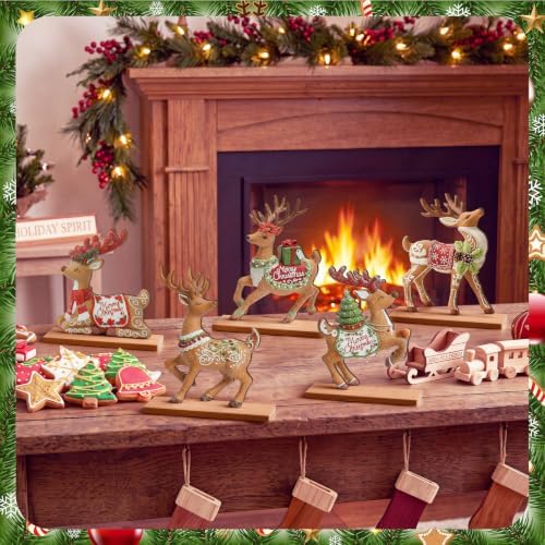 RattanView 5 Pcs Gingerbread Christmas Table Decorations Wooden Ginger Bread Reindeer Decor Christmas Centerpiece Ginger Bread Village Xmas Reindeer Tiered Tray Home Decor with Base for Party
