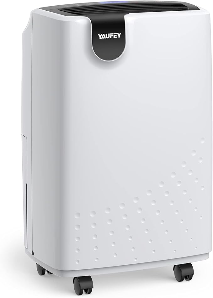 Yaufey 2500 Sq. Ft. Dehumidifier for Home and Basements with Auto or Manual Drainage, 0.48 Gallon Water Tank, Low Noise and 24H Timer