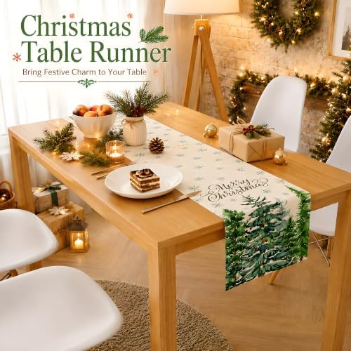 Christmas Decorations - Pine Tree Snowflake Merry Christmas Table Runner