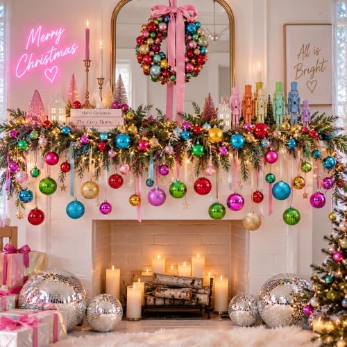 Lunmon 64 Pcs Neon Christmas Ball Ornaments Shiny Bright Multicolor Baubles
