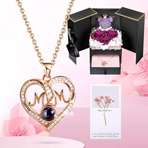 ADDWel Meaningful Gifts for Mom from Daughter Son, Preserved Purple Rose Gift Box with MOM Necklace, I Love You Necklace in 100 Languages, Mother’s Day Birthday Gifts for Mom