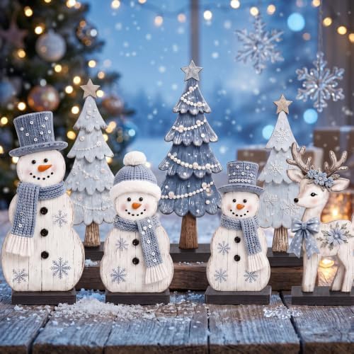 7 Pcs Christmas Table Decor Wooden Snowman Tree Deer Decor, Bule