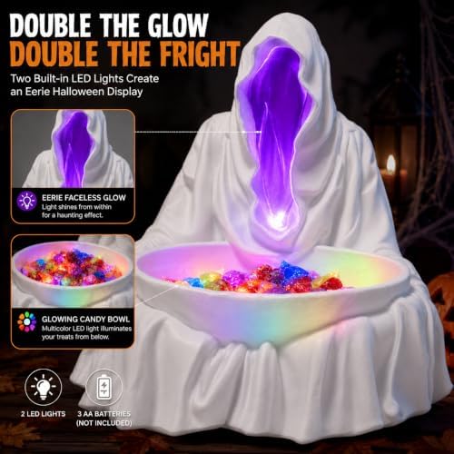 basen Halloween Candy Bowl, White LED Grim Reaper Resin Tabletop Decor