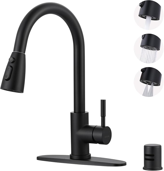 Kitchen Faucet with Air Gap: WOWOW Stainless Steel Kitchen Sink Faucet and Dishwasher Air Gap Kits for Kitchen Sink 2 or 4 Hole, Matte Black Finish