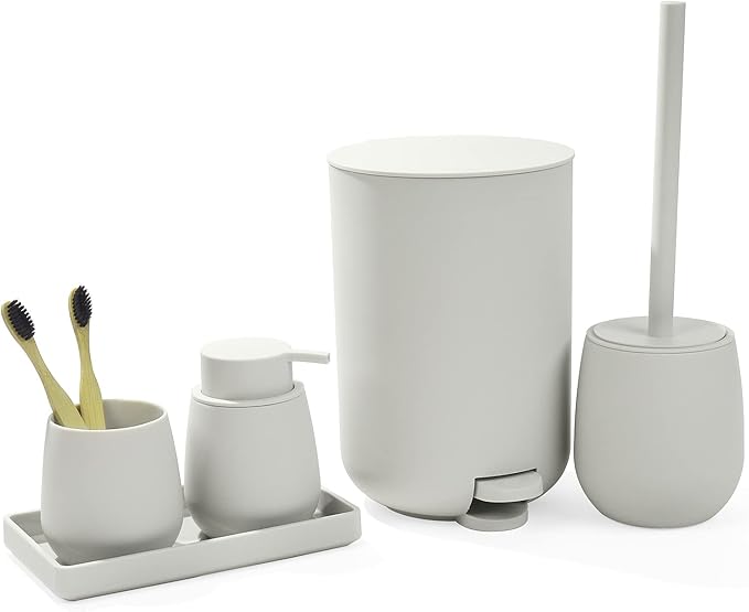 GAHEFY Small Beige White Bathroom Accessories Set with Mini Trash Can 3 Liter/0.8 Gallon,Toothbrush Holder,Soap Dispenser,Vanity Tray,Toilet Brush and Holder (Beige White 5pcs)