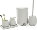 GAHEFY Small Beige White Bathroom Accessories Set with Mini Trash Can 3 Liter/0.8 Gallon,Toothbrush Holder,Soap Dispenser,Vanity Tray,Toilet Brush and Holder (Beige White 5pcs)