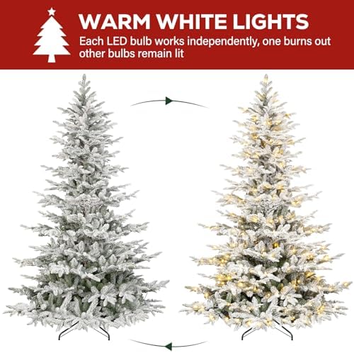 Hykolity 7.5 ft Snow Flocked Aspen Fir Christmas Tree, Prelit Artificial Christmas Tree with 450 Warm White Lights, 1173 PE & PVC Branch Tips, Metal Stand and Hinged Branches