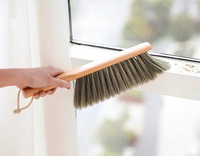 Metal Dust Pan and Brush Set, Natural Bristle Wooden Hand Broom for Fireplace, Garage, Workshop, 9" Wide