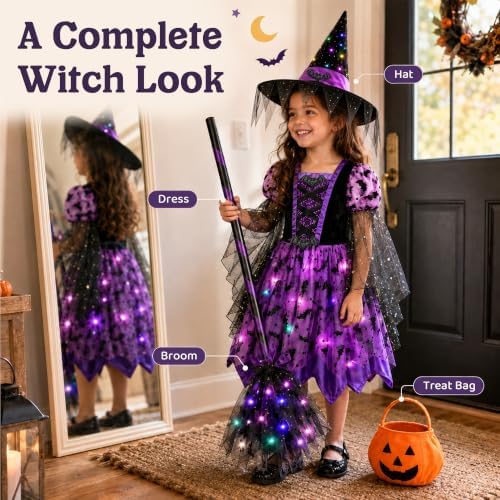 Meland Light Up Witch Costume for Girls 3-10, Toddler Kid Halloween Costume