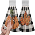 Pumpkin Plaid Bow Kitchen Hanging Towel Set of 2 Black White Buffalo Check Maple Leaves Hand Towels with Hanging Loops Thanksgiving Oven Stove Dish Washcloth Soft Absorbent Bath Tie Towel