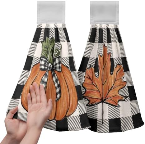 Pumpkin Plaid Bow Kitchen Hanging Towel Set of 2 Black White Buffalo Check Maple Leaves Hand Towels with Hanging Loops Thanksgiving Oven Stove Dish Washcloth Soft Absorbent Bath Tie Towel