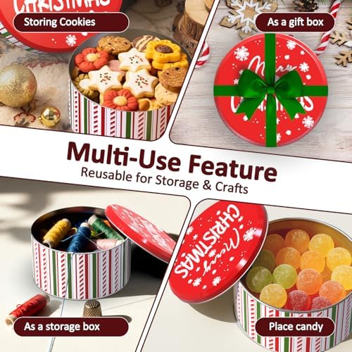 6Packs Merry Chiristmas Style Cookie Tins, Metal Empty Round Cookie Container, Cookie Tin with Lid for Christmas, Red 16.5 * 16.5 * 8.5Cm