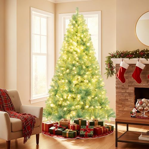 HAPPYGRILL 7.5 FT Pre-lit Tinsel Christmas Tree Artificial Xmas Tree with 550 LED Lights, 8 Modes, 1300 Fruit Green Branch Tips, Folding Metal Stand, Seasonal Holiday Tree for Home Office Party