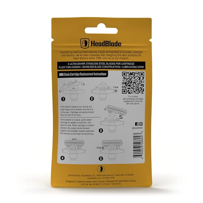 HeadBlade Men's HB6 Refill Shaving Razor Blades - 6 Stainless Steel Blades for No Tugging or Pulling, Shave Less, Works for Face, Body, and Scalp (12 Blades) 3 Pack