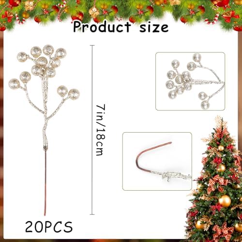 Fangoo 20 Pack 7 Inch Champagne Gold Berry Stems for Christmas Tree