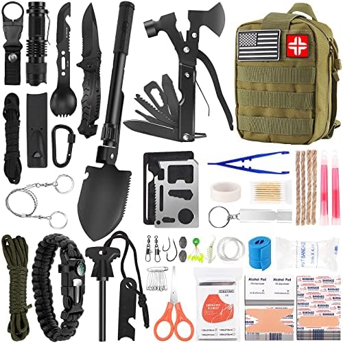 LUXMOM Emergency Survival Kit and First Aid Kit, 142Pcs Professional Survival Gear and Supplies Equipment with Molle Pouch, Gift for Christmas Men Dad Husband Camping Hiking Hunting Outdoor Adventure
