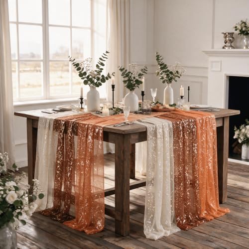 Artoid Mode 6PC Beige Caramel Orange Gauze Table Runner 120 Inch 10FT, Glitter Metallic Foil Sheer for Wedding Anniversary Holiday Birthday Home Party Decor