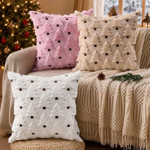 Allorry Christmas Pillow Covers 16x16 inch Set of 2 Pink Christmas Decorations Soft Plush Faux Fur Wool Christmas Tree Throw Pillow Cases Winter Holiday Decor for Sofa Living Room PT002E16