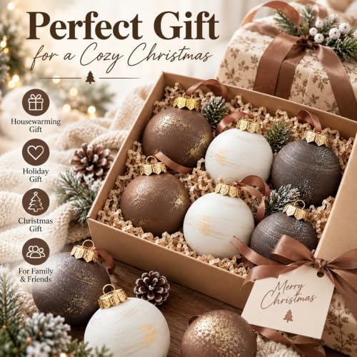 Yunlly 12 Pcs Neutral Christmas Ornament, Bronze Taupe Ivory, 3.15''