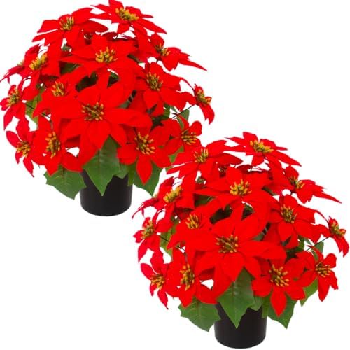 Daynight 2Pcs Artificial Poinsettias with Pots Christmas Flowers, 17.7"