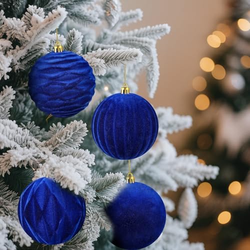 Liliful 4 Inch 12 Pcs Velvet Christmas Ornaments Balls, Blue