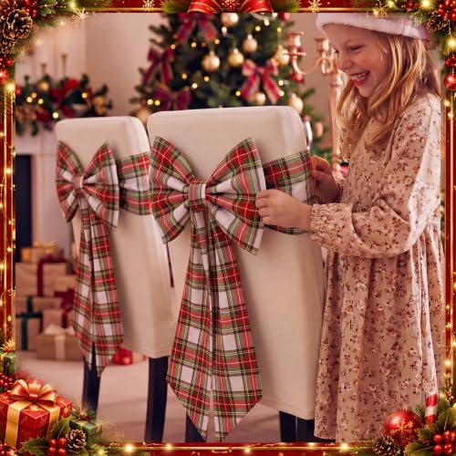 Thiccywoov 4 Pcs Christmas Chair Bows Decorations 25 x 14 in, White Tartan