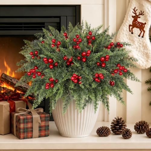 6 Bundles Artificial Christmas Flowers, Norfolk Pine & Red Berry Stems
