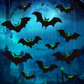 sewrung 12 Pcs Hanging Bats Halloween Decorations Outdoor - Large Flying Plastic Bats Outside Decor - 3 Different Sizes - Glow in Dark Eyes for Hanging in The Tree, Porch, Yard, Lawn, Indoor
