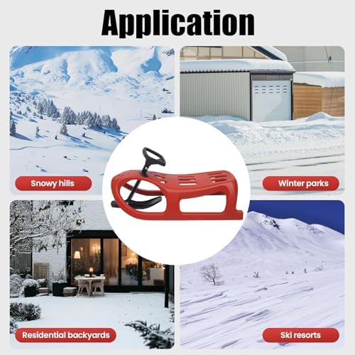 Childrens Snow Sled with Steering Wheel, Single Rider Outdoor Winter Sleigh for Toddlers Kids, Includes Pull Rope, Durable Blow Molded Construction, Red
