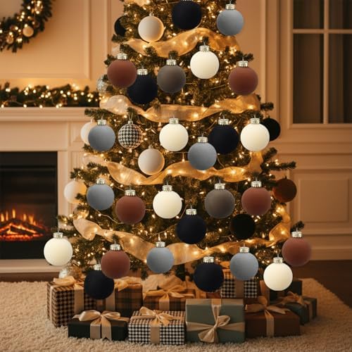 Gemscream 30 Pcs Velvet Christmas Balls, 3.15" Flocked Blue Ornaments,Brown