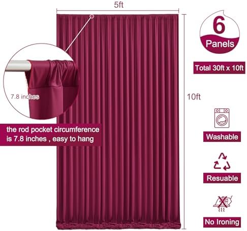 6 Panels Burgundy Backdrop Curtain for Parties Wedding Wrinkle Free Maroon Photo Curtains Backdrop Drapes Fabric Decoration for Birthday Engagement Ceremony 30ft(W) x 10ft(H)