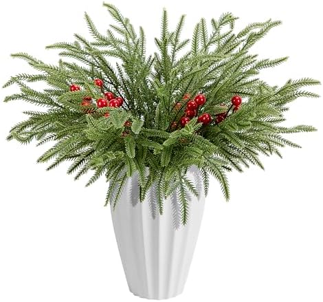 45 Pcs Christmas Norfolk Pine Branches Red Berry Stem Faux Christmas Sprigs