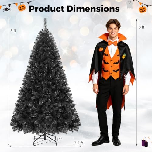 Happygrill 6FT Artificial Christmas Tree with Sturdy Metal Stand, Unlit Halloween Tree with 1036 Branch Tips PVC Needles, Black