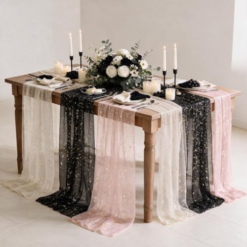 Artoid Mode 6PC Beige Black Pink Gauze Table Runner 120 Inch 10FT, Glitter Metallic Foil Sheer for Wedding Anniversary Holiday Birthday Home Party Decor