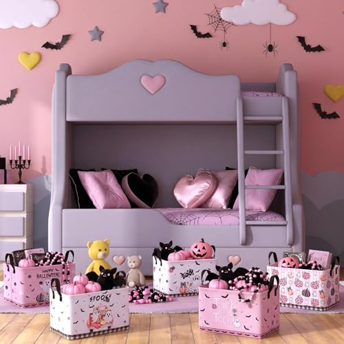 CHENGU 6 Pcs Halloween Storage Bins Collapsible Pink Ghost Storage Baskets