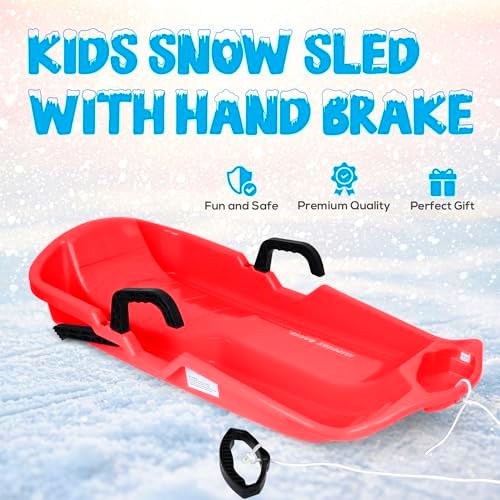 Slippery Racer Downhill Thunder Flexible Plastic Toboggan Snow Sled with Built in Brake System, Pull Rope, and Handle Grips, Red