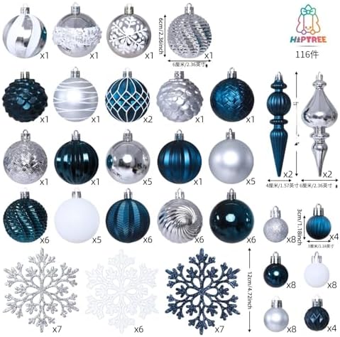 HipTree 116ct 1.18-6.5"Silver Blue Christmas Tree Ornaments Decorations Set