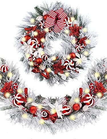 WANNA-CUL Pre-Lit 9ft Christmas Garland with Lights 50 LED Red White Bauble