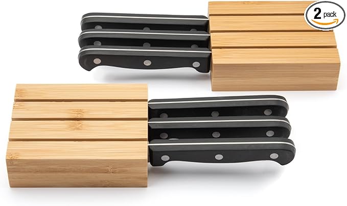 Purawood Premium Bamboo Knife Block Inserts – 2 Pack – Compatible Expandable Drawer Organizer & Utensil Organizer, Cutlery Tray with Dividers for Kitchen Utensils & Flatware (Natural)…
