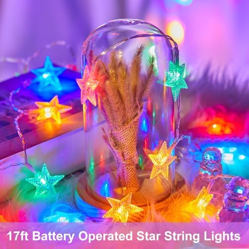 Minetom Star String Lights Battery Operated - 2 Pack 17 ft 50 LED Star Fairy String Lights with Timer, Waterproof for Indoor Bedroom Tent Loft Bed Patio Party Wedding Decor, Multi-Color