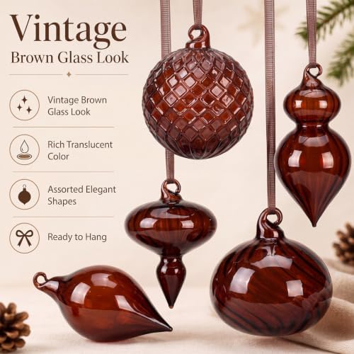 Hungdao 14pcs Vintage Christmas Ornaments Retro Glass Balls, Brown
