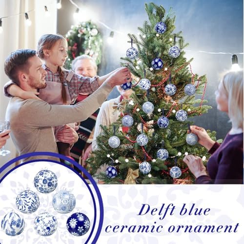 Cindeer 12 Pcs Blue and White Christmas Porcelain Balls, Groovy Style