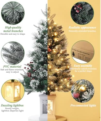 GAOMON 3ft Prelit Snow Flocked Christmas Tree with White Snowman Box Base