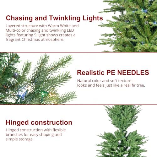 Glitzhome Prelit Artificial Christmas Tree, 9ft Realistic Christmas Tree Radiant Slim Evergreen with 1,850 Warm White & Multi-Color Chasing and Twinkling Lights, 9 Function w/Foot Pedal, Simple Setup