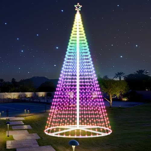 Riakrum 15ft-2167 LED Flagpole Christmas Tree Lights Outdoor Decorations with Star Topper, 8 Lighting Modes Pre-lit LED Flagpole Christmas Lights Multicolor, Outside Yard Holiday Display