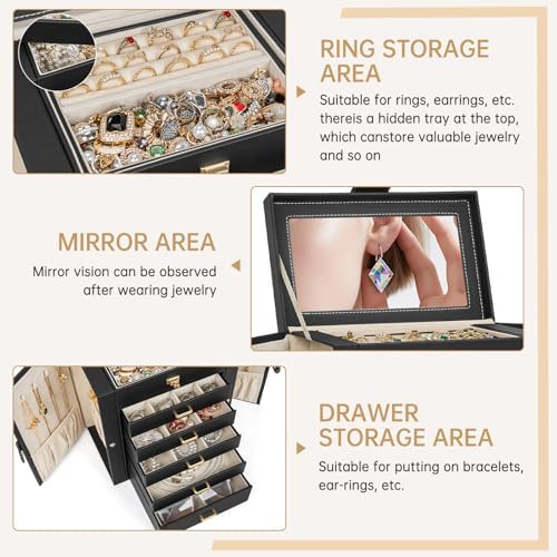 AKOZLIN 6-Tier Jewelry Box Organizer 5 Drawers Storage Medium Black