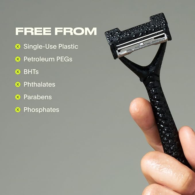 Leaf Shave | Leaf Two Kit, All-Metal, Two-Blade Safety Razor with Pivoting Head, Includes Matching Stand, Black Silicone Handle Grip, 50 Single-Edge Refills & Recycling Bank for Used Blades - Chrome