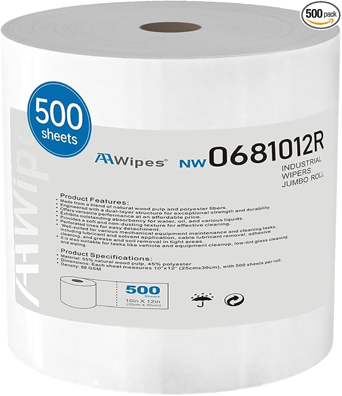 AAwipes Cleanroom Wipes Nonwoven Fabric Roll | 500 Wipes | 68 GSM 10"*12"| Heavy Duty Dust-Free Cellulose/Polyester Blend Disposable, Jumbo Roll, High Absorbency - NW0681012R