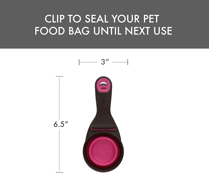 Dexas Popware for Pets Collapsible Klip Scoop, 3-in-1 Pet Food Scoop, Measuring Cup and Bag Clip, 1/2 Cup Capacity, Pink